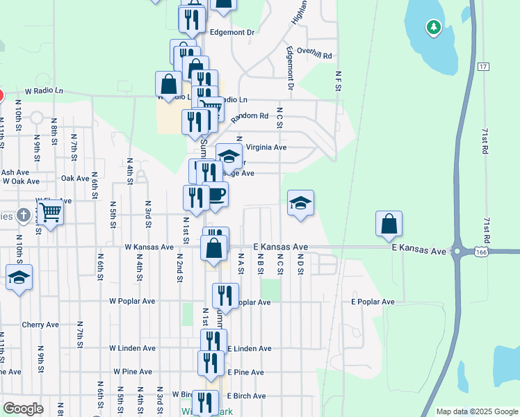 map of restaurants, bars, coffee shops, grocery stores, and more near 1448 North B Street in Arkansas City