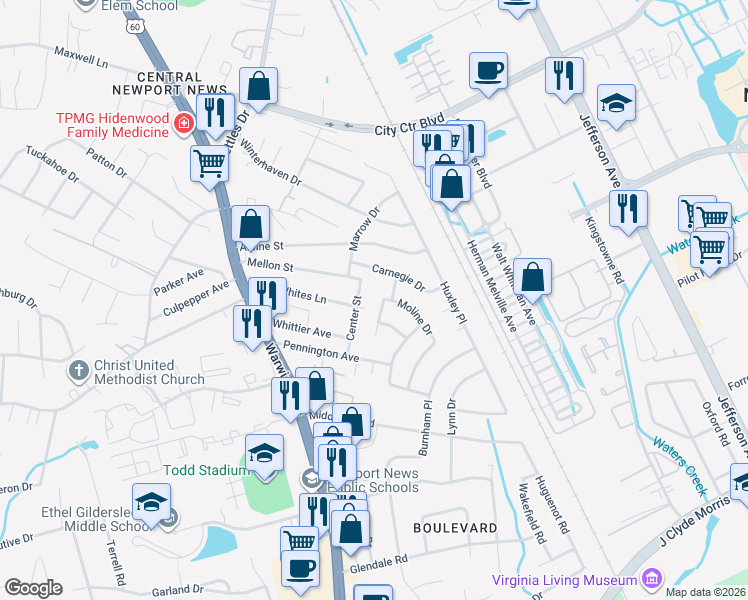 map of restaurants, bars, coffee shops, grocery stores, and more near 147 Moline Drive in Newport News