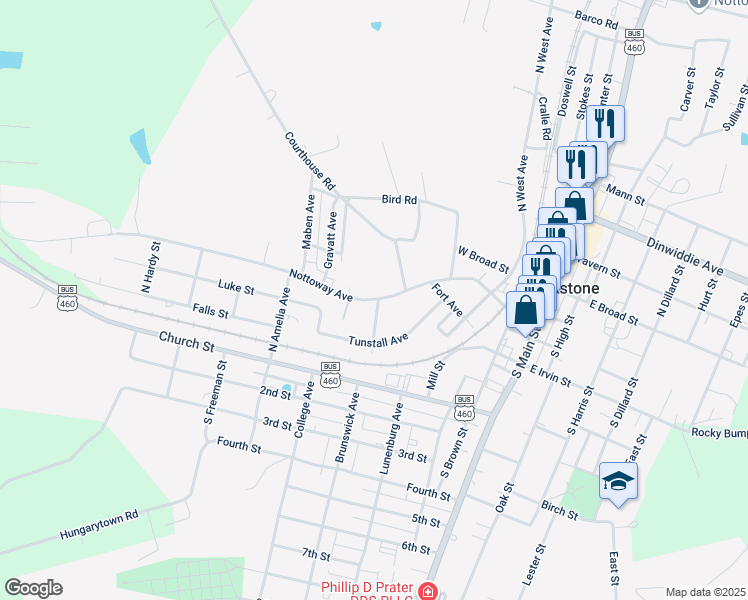 map of restaurants, bars, coffee shops, grocery stores, and more near 509 Nottoway Avenue in Blackstone