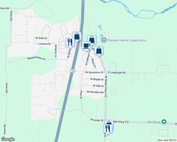 map of restaurants, bars, coffee shops, grocery stores, and more near 300 Sycamore Street in Nixa