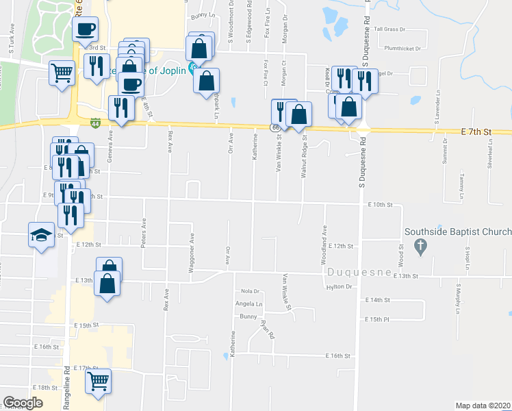 map of restaurants, bars, coffee shops, grocery stores, and more near 1001 Katherine Avenue in Joplin