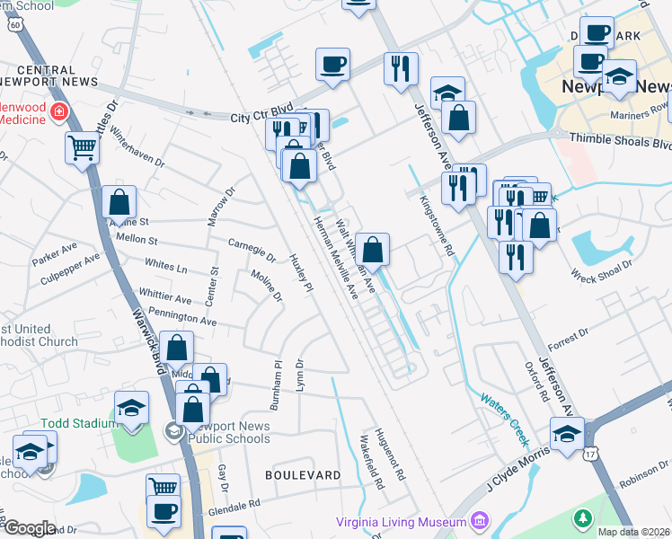 map of restaurants, bars, coffee shops, grocery stores, and more near 279 Herman Melville Ave in Newport News