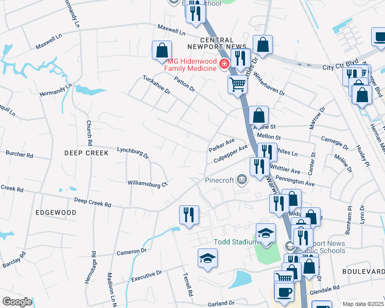 map of restaurants, bars, coffee shops, grocery stores, and more near 105 Parker Avenue in Newport News