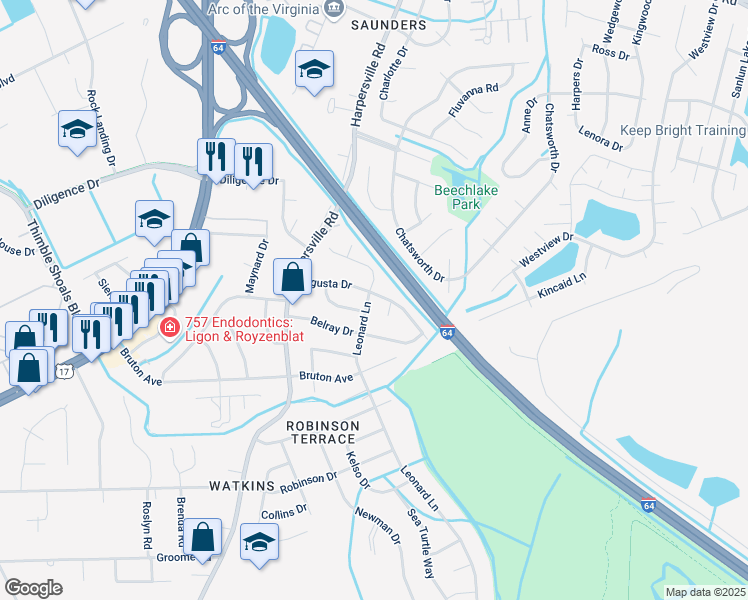 map of restaurants, bars, coffee shops, grocery stores, and more near 722 Leonard Lane in Newport News