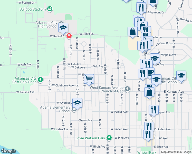 map of restaurants, bars, coffee shops, grocery stores, and more near 1523 North 7th Street in Arkansas City