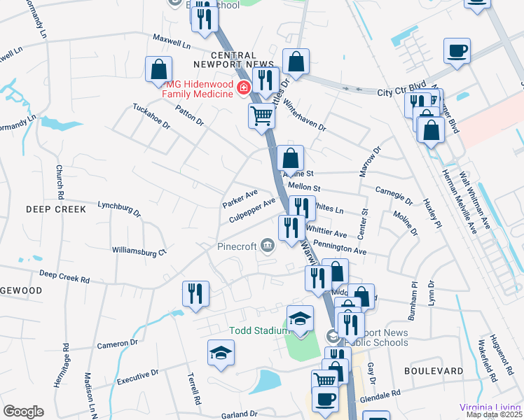 map of restaurants, bars, coffee shops, grocery stores, and more near 26 Culpepper Avenue in Newport News