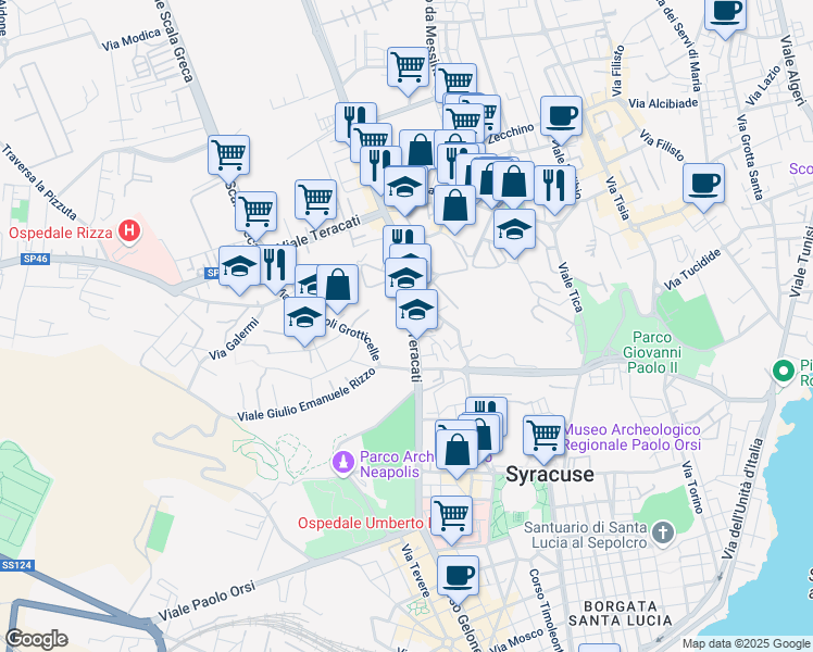 map of restaurants, bars, coffee shops, grocery stores, and more near 27 Viale Teracati in Siracusa