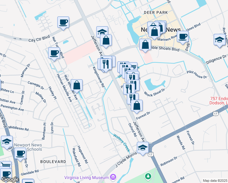 map of restaurants, bars, coffee shops, grocery stores, and more near 11719 Jefferson Avenue in Newport News