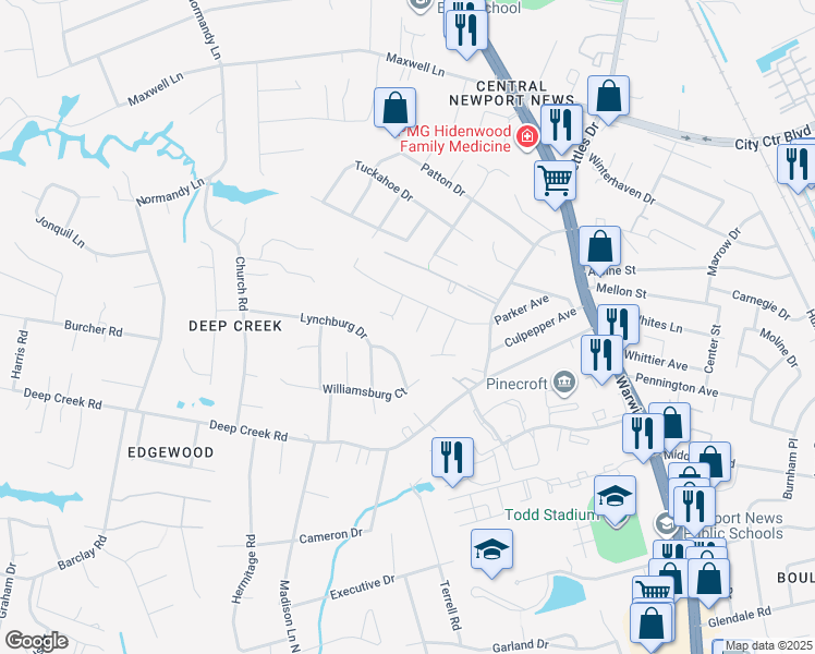 map of restaurants, bars, coffee shops, grocery stores, and more near 8 Lucerne Circle in Newport News
