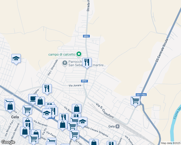 map of restaurants, bars, coffee shops, grocery stores, and more near 36 Via Duccio di Boninsegna in Gela