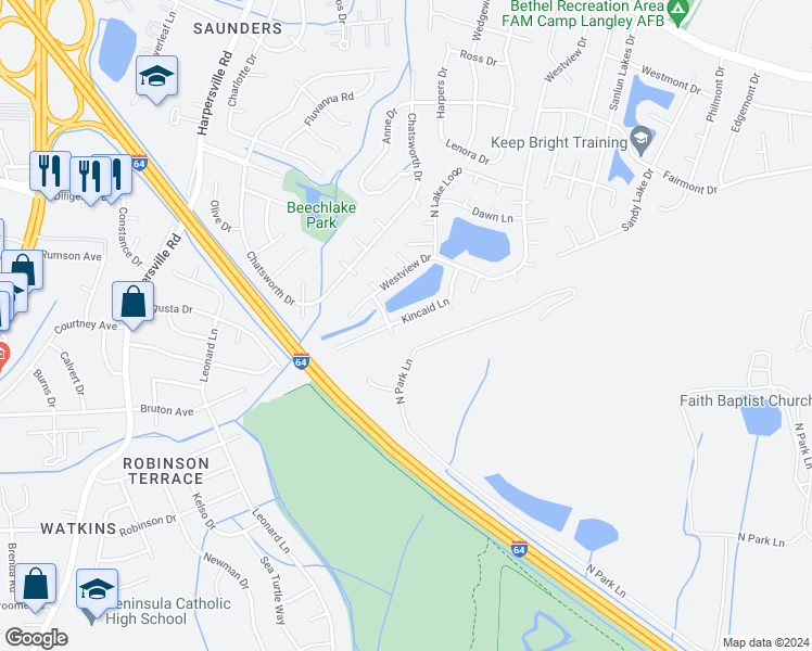 map of restaurants, bars, coffee shops, grocery stores, and more near 77 Kincaid Lane in Hampton