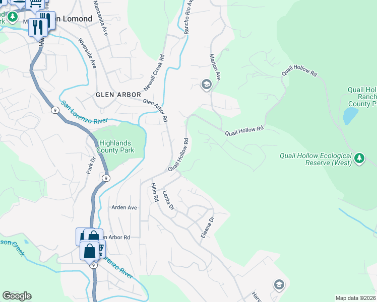 map of restaurants, bars, coffee shops, grocery stores, and more near 2203 Quail Hollow Road in Ben Lomond