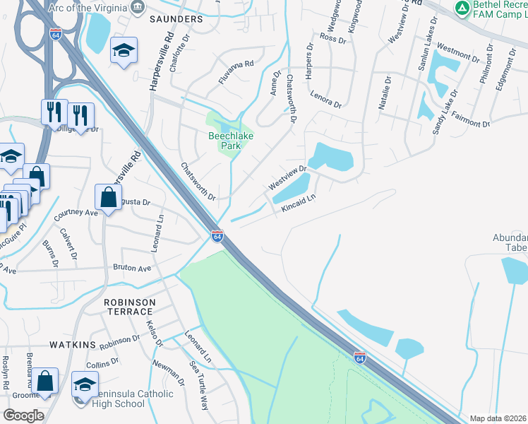 map of restaurants, bars, coffee shops, grocery stores, and more near 104 Kincaid Lane in Hampton