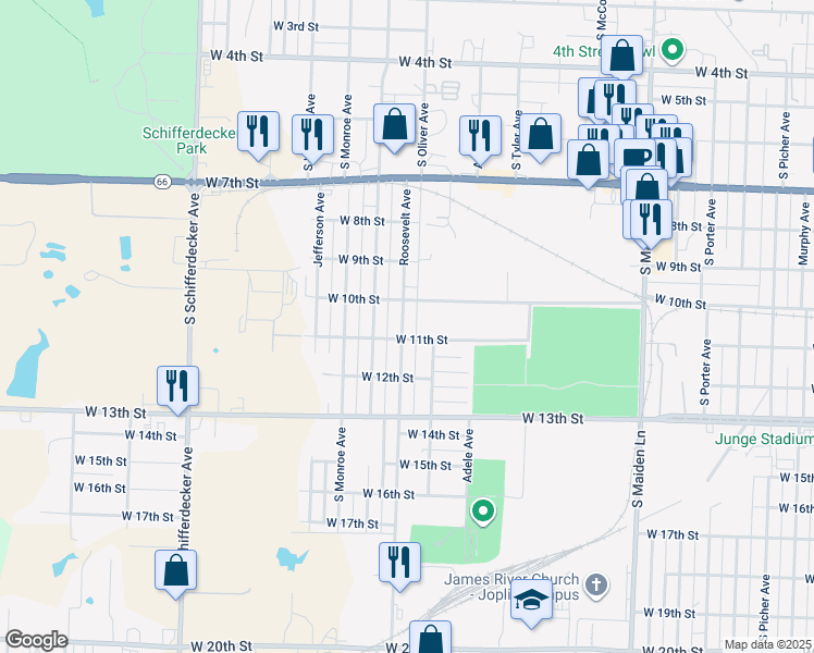 map of restaurants, bars, coffee shops, grocery stores, and more near 1019 Roosevelt Avenue in Joplin