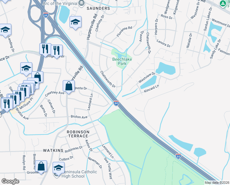 map of restaurants, bars, coffee shops, grocery stores, and more near 219 Dublin Court in Newport News