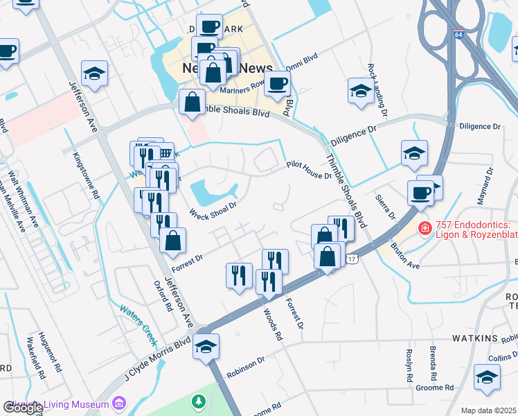 map of restaurants, bars, coffee shops, grocery stores, and more near 114 Tidal Drive in Newport News