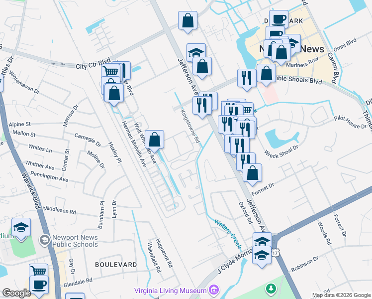 map of restaurants, bars, coffee shops, grocery stores, and more near 408 Saint Michaels Way in Newport News