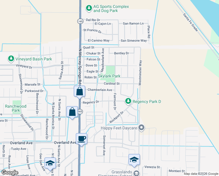 map of restaurants, bars, coffee shops, grocery stores, and more near 1404 Chamberlain Avenue in Los Banos