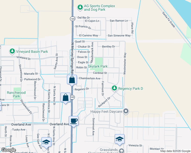 map of restaurants, bars, coffee shops, grocery stores, and more near 1404 Chamberlain Avenue in Los Banos