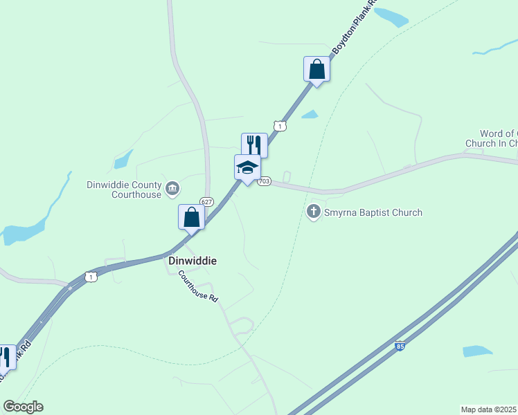 map of restaurants, bars, coffee shops, grocery stores, and more near 13811 Boydton Plank Road in Dinwiddie