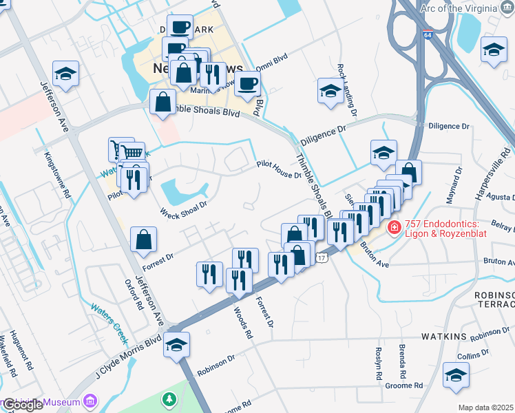 map of restaurants, bars, coffee shops, grocery stores, and more near 156 Nantucket Place in Newport News