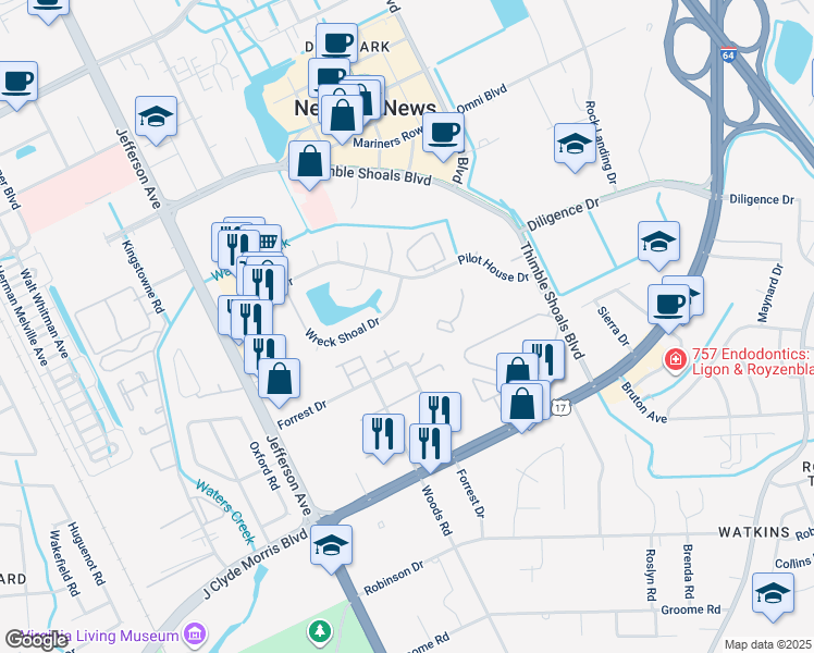 map of restaurants, bars, coffee shops, grocery stores, and more near 116 Tidal Drive in Newport News