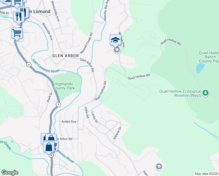 map of restaurants, bars, coffee shops, grocery stores, and more near 2203 Quail Hollow Road in Ben Lomond