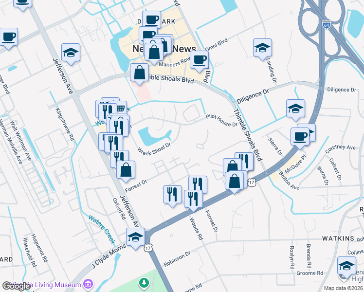 map of restaurants, bars, coffee shops, grocery stores, and more near 114 Tidal Dr in Newport News