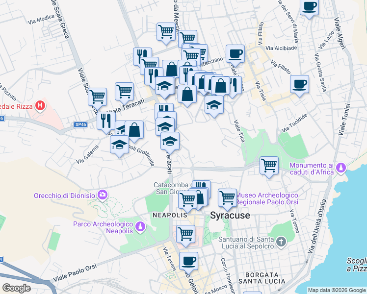 map of restaurants, bars, coffee shops, grocery stores, and more near 102 Viale Teracati in Syracuse