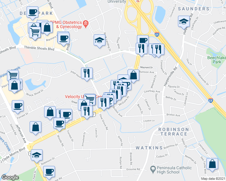map of restaurants, bars, coffee shops, grocery stores, and more near 6 Sierra Dr in Newport News