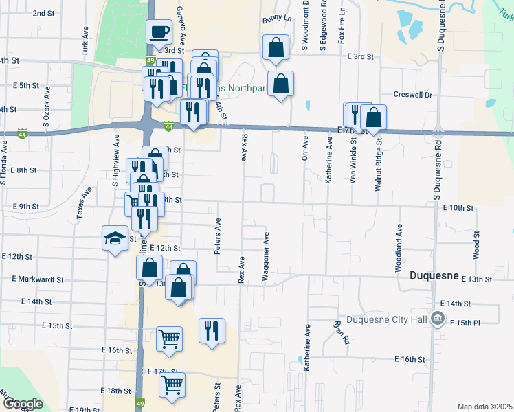 map of restaurants, bars, coffee shops, grocery stores, and more near 3410 East 10th Street in Joplin