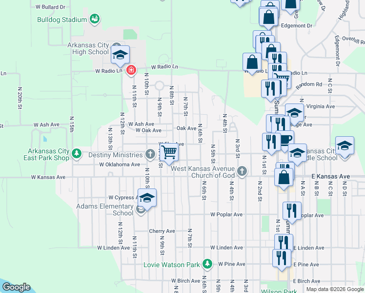 map of restaurants, bars, coffee shops, grocery stores, and more near 1523 North 7th Street in Arkansas City