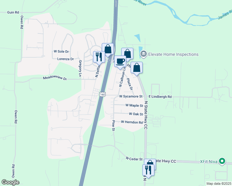 map of restaurants, bars, coffee shops, grocery stores, and more near 249 Sycamore Street in Nixa
