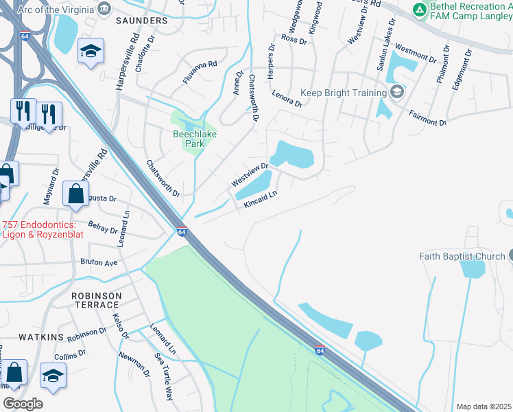 map of restaurants, bars, coffee shops, grocery stores, and more near 73 Kincaid Lane in Hampton