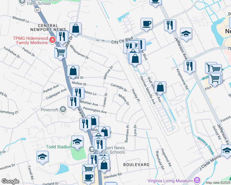 map of restaurants, bars, coffee shops, grocery stores, and more near 147 Moline Drive in Newport News