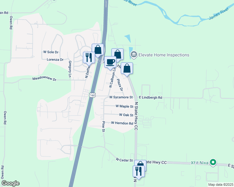 map of restaurants, bars, coffee shops, grocery stores, and more near 300 Sycamore Street in Nixa