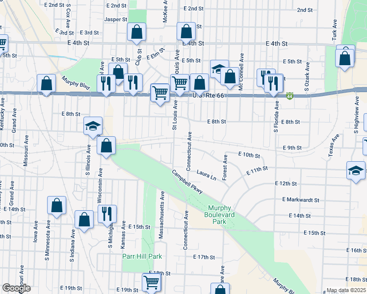 map of restaurants, bars, coffee shops, grocery stores, and more near 1002 Connecticut Avenue in Joplin