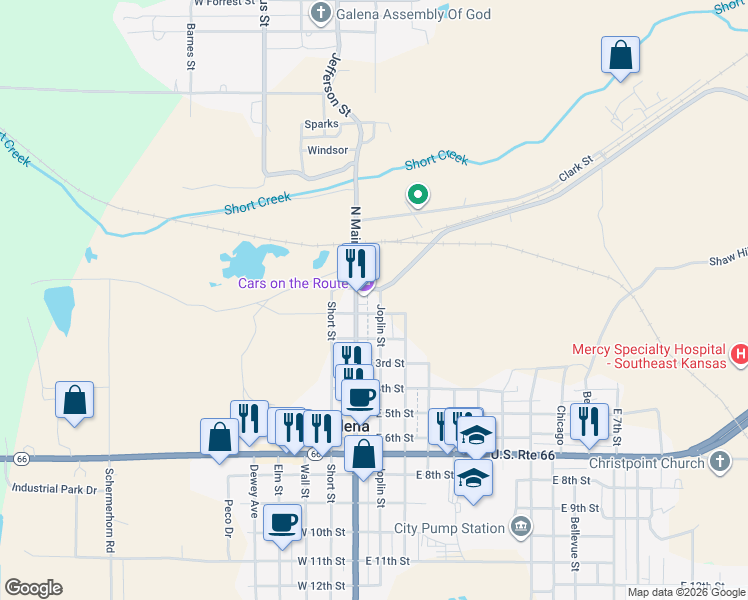 map of restaurants, bars, coffee shops, grocery stores, and more near Joplin Street in Galena
