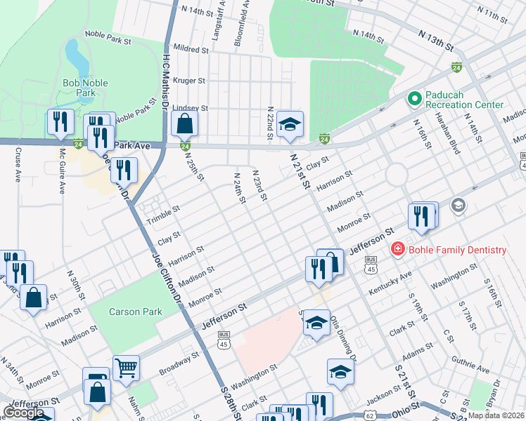 map of restaurants, bars, coffee shops, grocery stores, and more near 2311 Harrison Street in Paducah