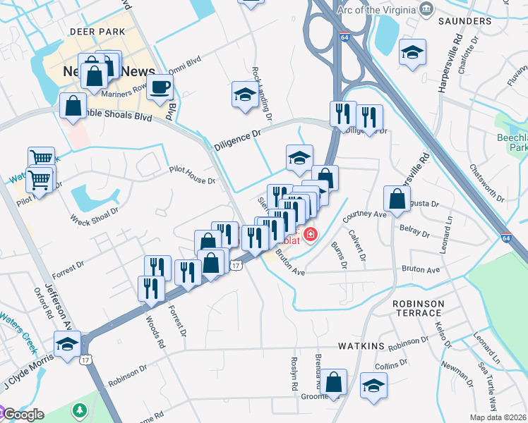 map of restaurants, bars, coffee shops, grocery stores, and more near 757 Thimble Shoals Boulevard in Newport News