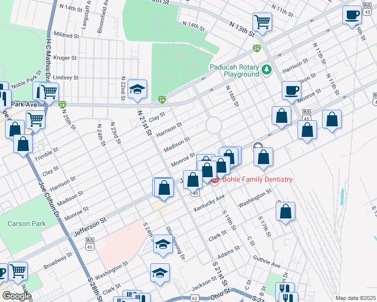 map of restaurants, bars, coffee shops, grocery stores, and more near 1923 Monroe Street in Paducah