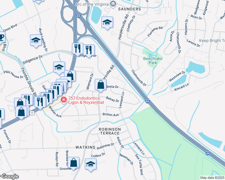 map of restaurants, bars, coffee shops, grocery stores, and more near 211 Larissa Drive in Newport News