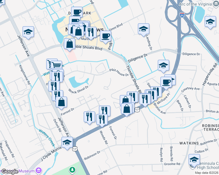 map of restaurants, bars, coffee shops, grocery stores, and more near 102 Nantucket Place in Newport News