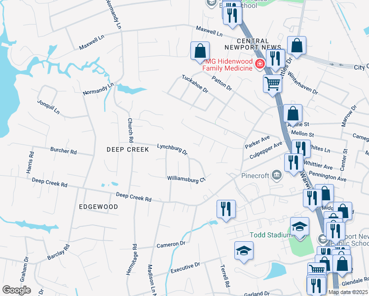 map of restaurants, bars, coffee shops, grocery stores, and more near 333 Lynchburg Drive in Newport News
