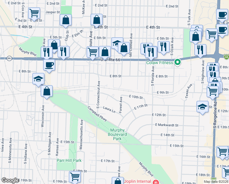 map of restaurants, bars, coffee shops, grocery stores, and more near 1002 Forest Avenue in Joplin