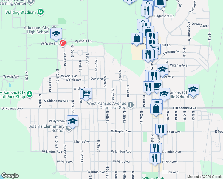 map of restaurants, bars, coffee shops, grocery stores, and more near 1500 North 5th Street in Arkansas City