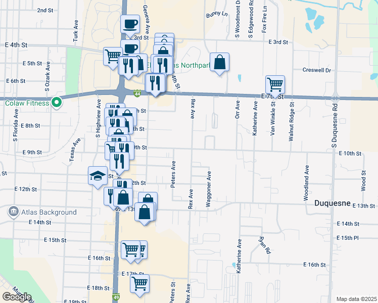 map of restaurants, bars, coffee shops, grocery stores, and more near 1002 Rex Avenue in Joplin