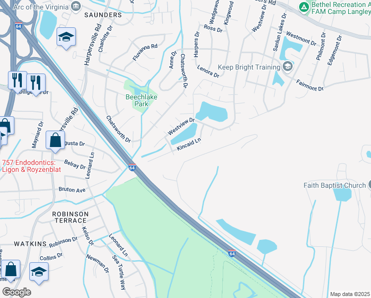 map of restaurants, bars, coffee shops, grocery stores, and more near 73 Kincaid Lane in Hampton