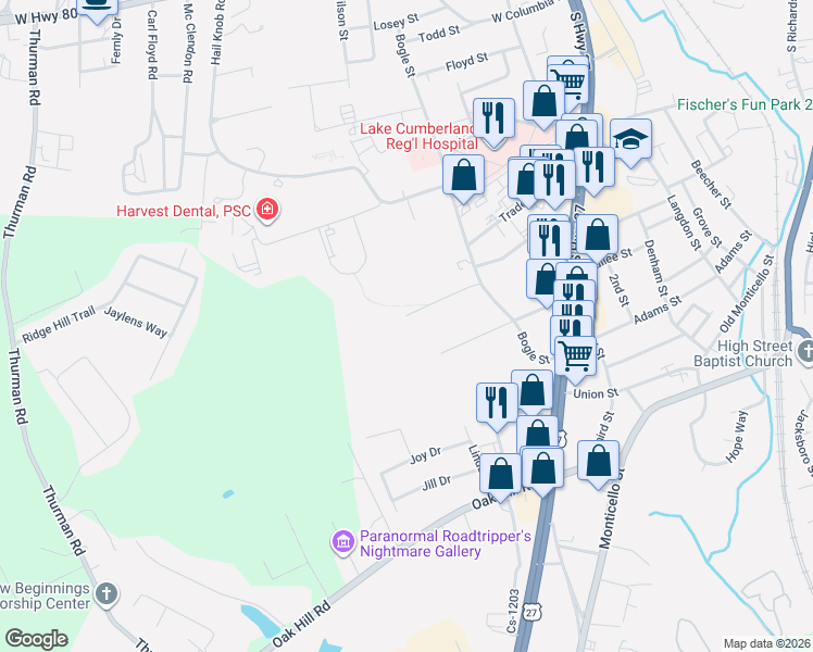 map of restaurants, bars, coffee shops, grocery stores, and more near 399 West Elrod Street in Somerset