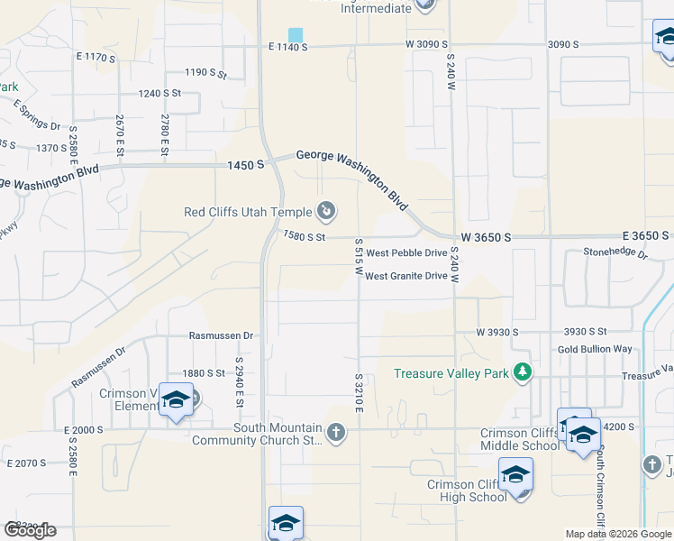 map of restaurants, bars, coffee shops, grocery stores, and more near Hinckley Lane in St. George